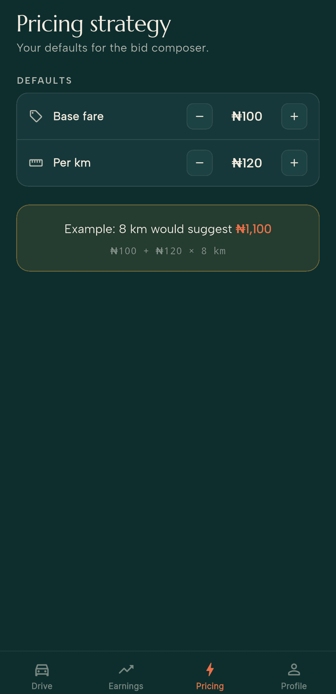 Drivio driver app pricing screen: base fare and per-kilometre defaults with a live fare example