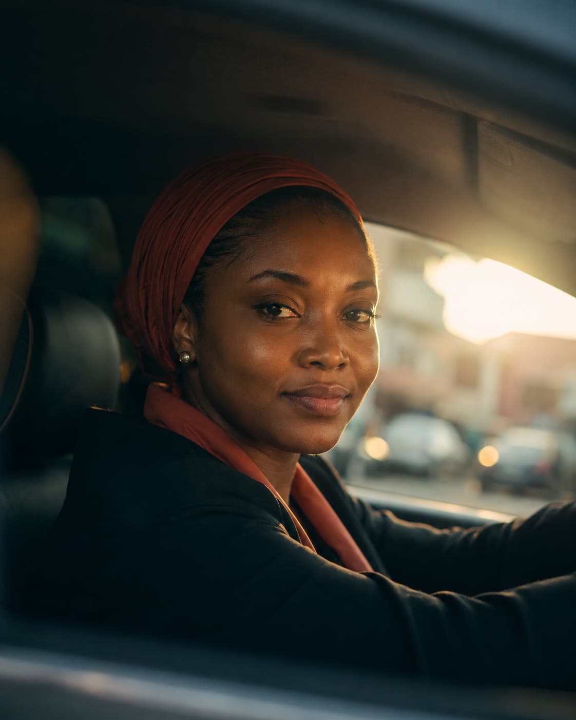 Close portrait of a driver at golden hour, light through the windscreen
