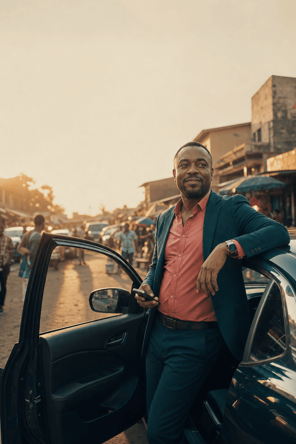 Driver standing beside his sedan at golden hour, phone in hand, settled and in control